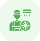 Man wearing a green apron and hat, holding a snowflake in his hand, against a white background