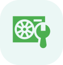 Green icon of a camera with a magnifying glass hovering over it, set against a white background