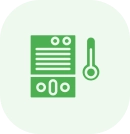 Green icon of a thermometer on a white background, indicating that the temperature is high icon