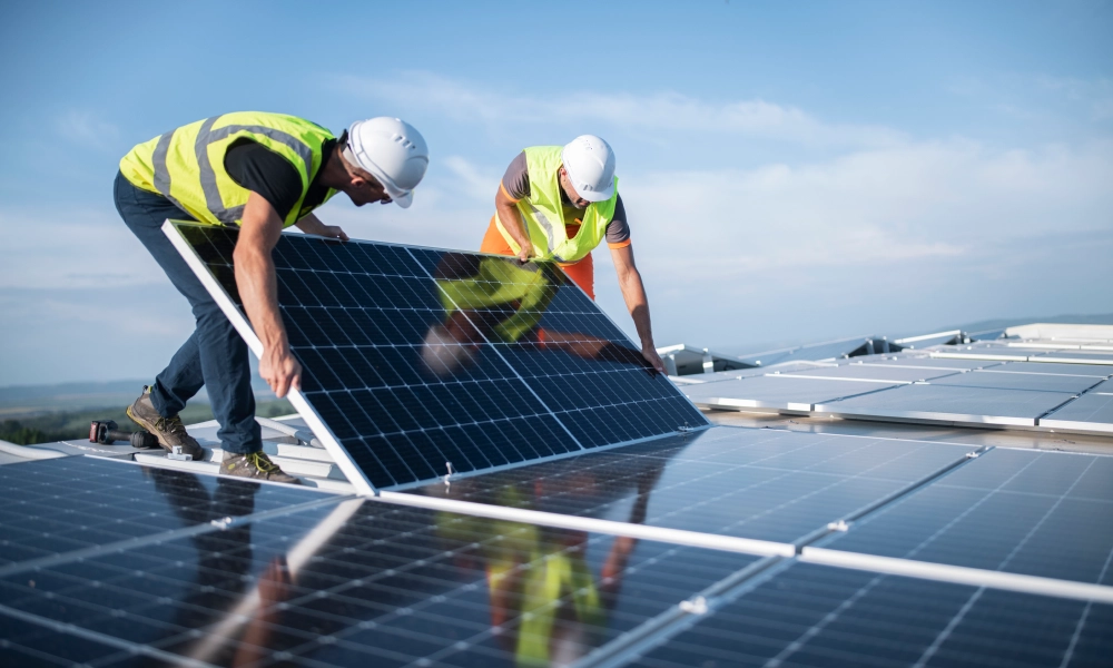 Two men wearing safety vests and hard hats installing solar panels on the roof of a building, surrounded by trees