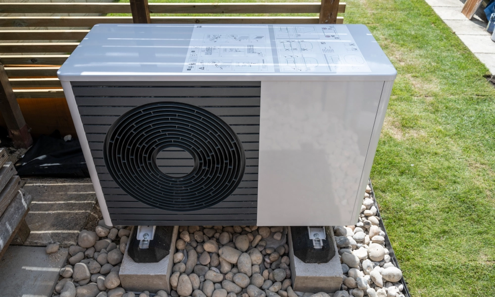 Air conditioner sitting on top of a stone wall, surrounded by stones and wooden objects