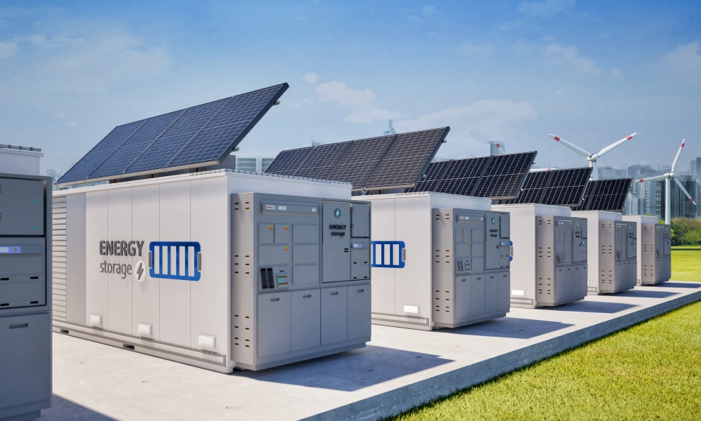 Row of solar panels on top of a grass covered field, with buildings, trees, and windmills in the background