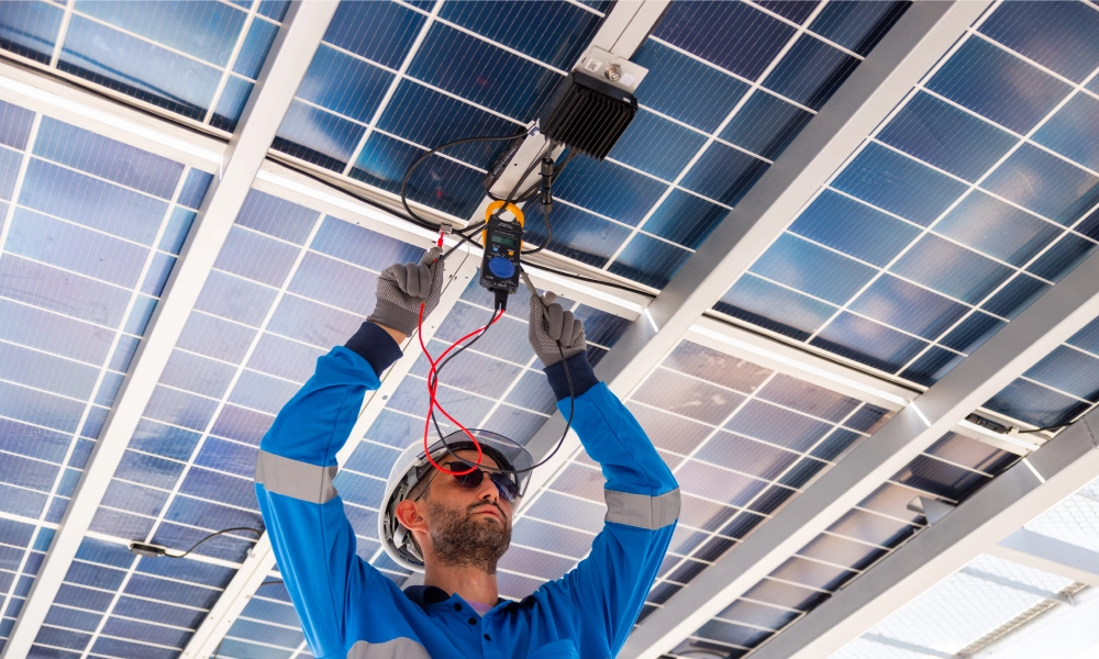 Man in a shirt and black gloves working on a solar panel, holding wires in his hands