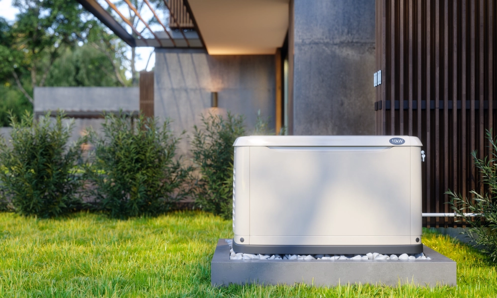 White 10kw generator sitting on top of a lush green field in front of a house, surrounded by plants, trees