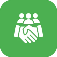 Green icon of a group of people shaking hands, symbolizing a partnership icon