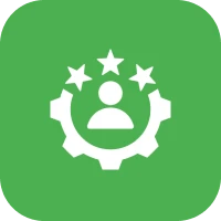 Green icon with a person in the center surrounded by stars, representing a customer service icon icon