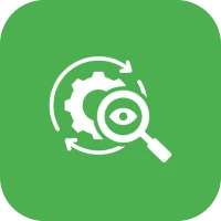 Green icon with a magnifying glass hovering over a gearwheel