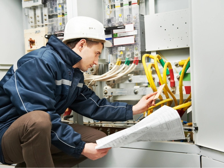Man in a hard hat sitting on the floor, holding a paper in his hand and looking at it intently