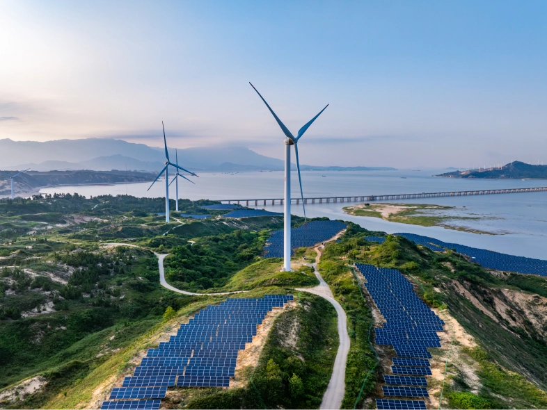 Wind farm with solar panels and wind turbines on top of a hill, surrounded by trees, plants, grass
