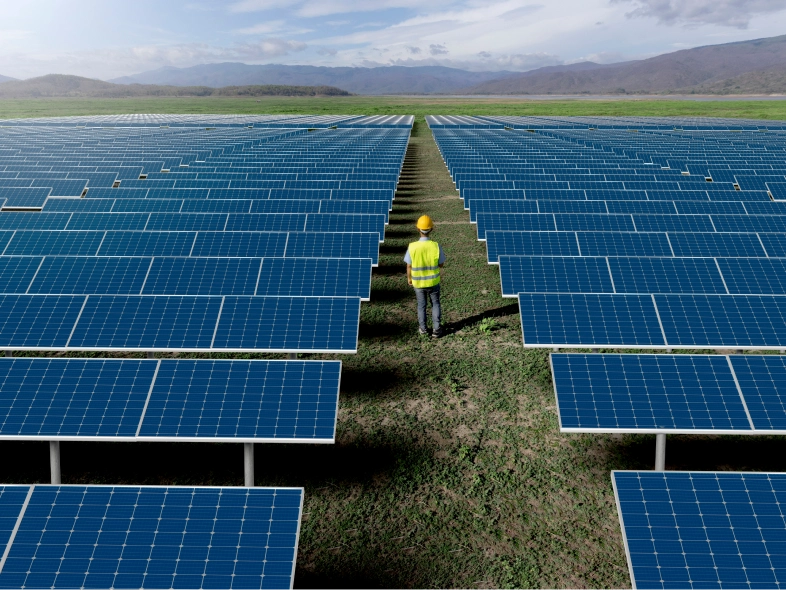 Man wearing a yellow helmet standing in front of a large array of solar panels, surrounded by lush green grass