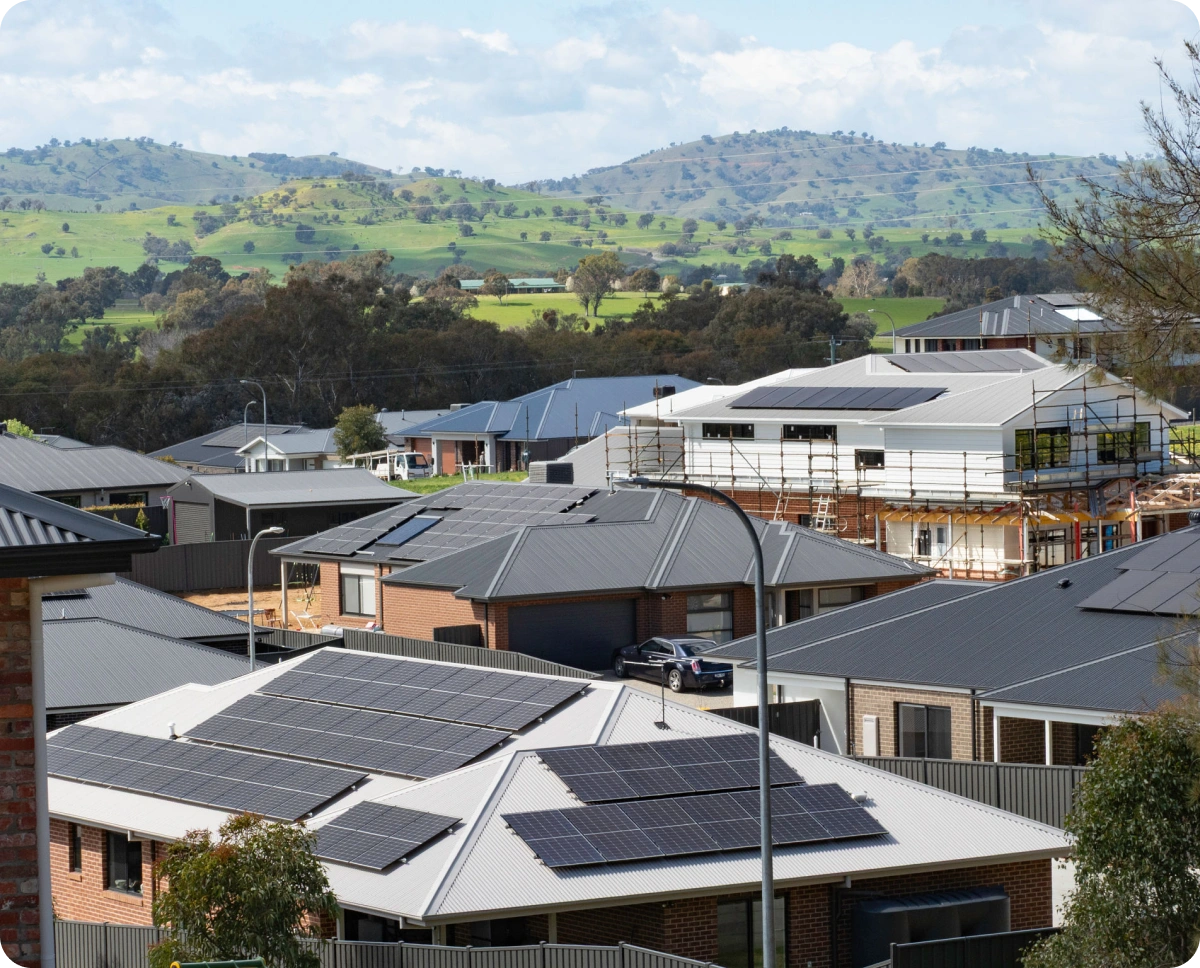 Residential area in the suburbs of Sydney, Australia, with solar panels on the roof of the houses