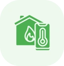 Green house with a thermometer in front of it, indicating that the house is heating up